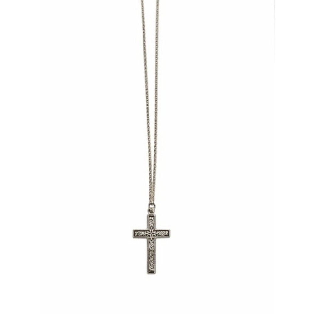 Silver Tone Blue Cross Pendant Necklace Detailed Engraving Unisex Faith
